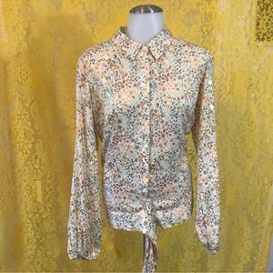 LC XL Ivory Brown Green Gold Metallic Ditsy Floral Long Sleeve Button Front Tie
